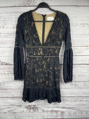 Misha Collection Dress Womens 2 Black Lace Floral V Neck Long Sleeve Mini Ruffle
